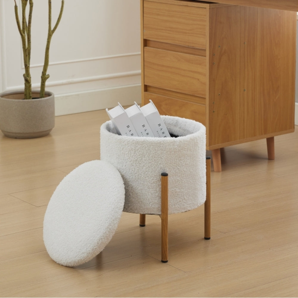 Modern Round Storage Ottoman, Ottoman Foot Stools With Metal Base, Ottoman Footstool with Removable Lid Storage Ottoman for Living Room, Bedroom, Makeup Room (Gray)