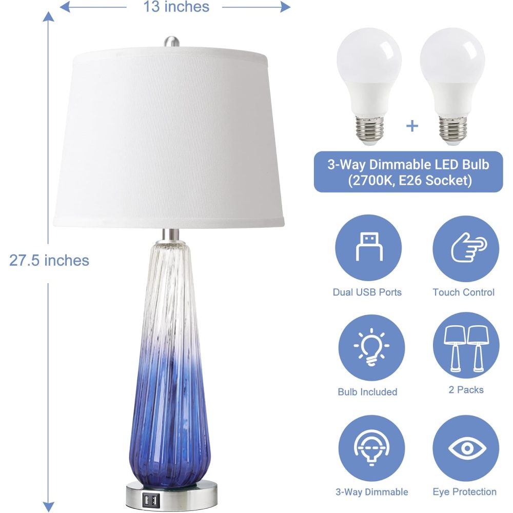 Table Lamps Set of 2 with Touch Control, 3-Way Dimmable Modern Glass Bedside Lamps with USB A+C Ports, Nightstand Lamp with White Fabric Shade, 27.5" Large Lamps for Living Room Bedrooms Decorations
