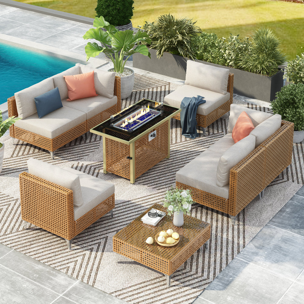 K&K 43" Propane Gas Fire Pit Table, 60000 BTU Rectangular Open Weave Wicker Fire Pit with Glass Wind Guard for Outside Patio Deck Garden Backyard - Grey