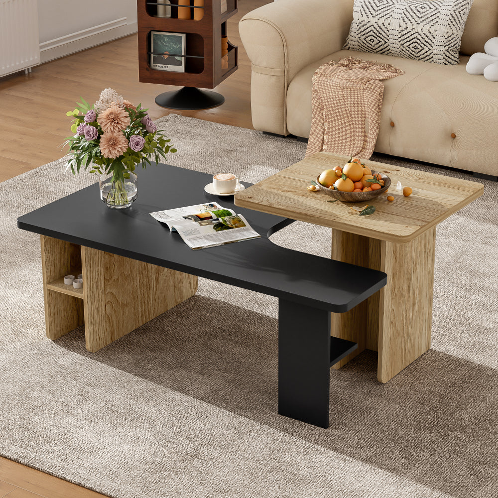 U-Can Set of 2 Nesting Coffee Tables Farmhouse,Rectangle Coffee Table Living Room,Wood Finish Coffee Table Set, Small Coffee Tables, Sofa Side Table for Living Room