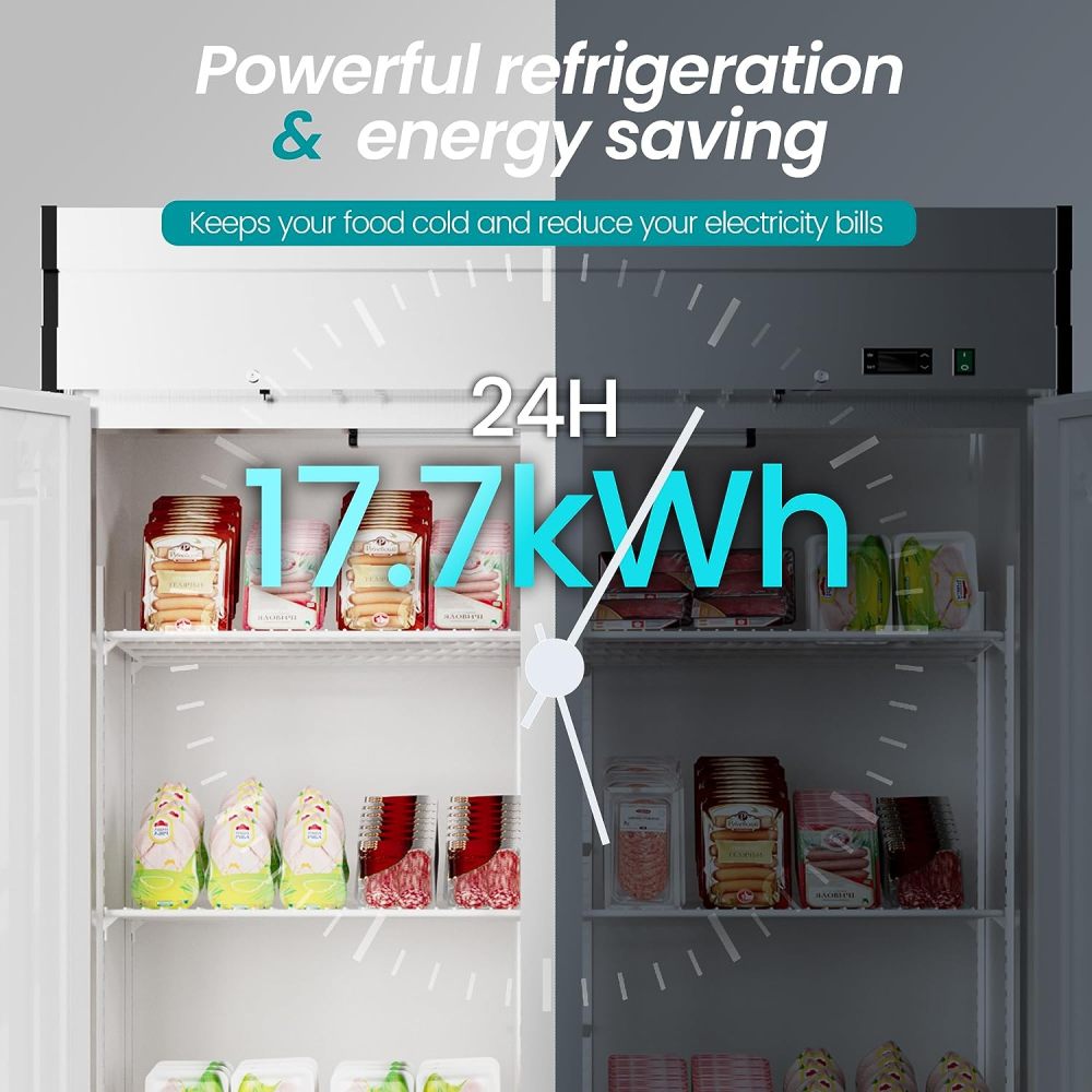54"W 2 Door Commercial Freezer 49 Cu.Ft Dynamic Cooling OmniSmart Temperature Control -10℉~10℉ Self Closing Stainless Steel Reach-In Commercial Freezer Digital Thermostat LED Light 6 Shelves