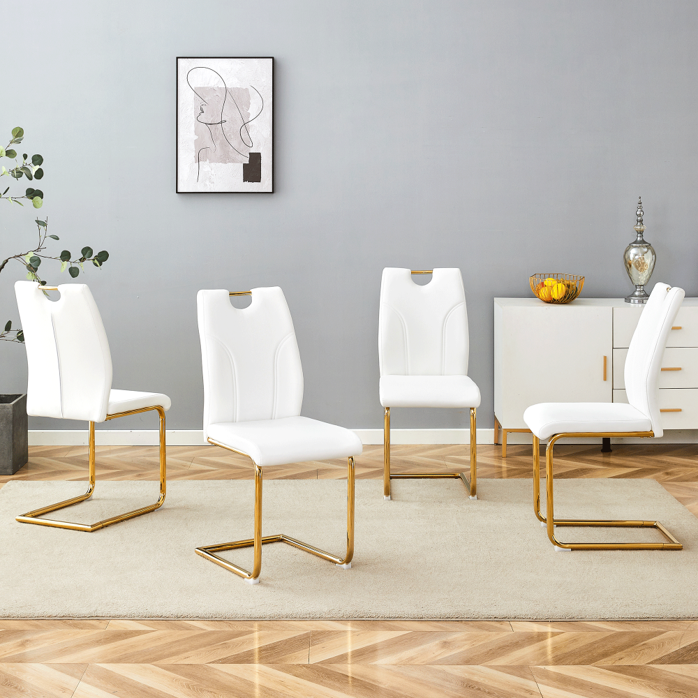 White PU Dining Chair Set.Uniquely designed white dining chairs. PU material, paired with silver metal chair legs. Suitable for offices, restaurants, kitchens, conference rooms, etc.(Set of 6)