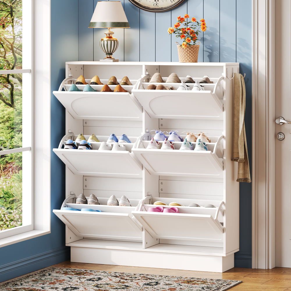 ON-TREND Elegant Shoe Cabinet with Arched Doors and Drawer, Cream Style Storage Sideboard with Adjustable Shelves and Solid Wood Legs for Entryway, Living Room, Black