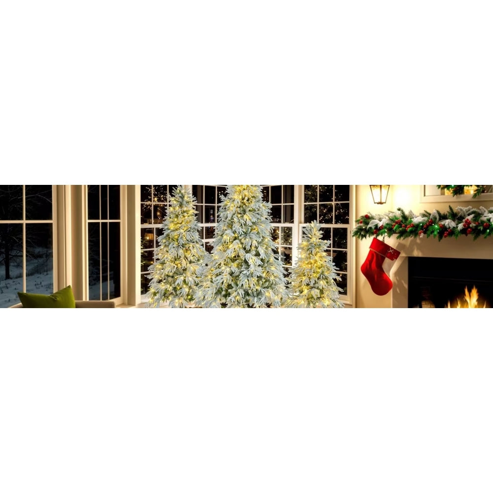 Pre-Lit Spruce Snow Flocked Christmas Tree Set-4FT, 6FT, 7.5FT, Artificial Hinged Xmas Tree with 800 Warm-Yellow & Colorful LED Lights, 8 Flashing Modes, Holiday Office Home Décor