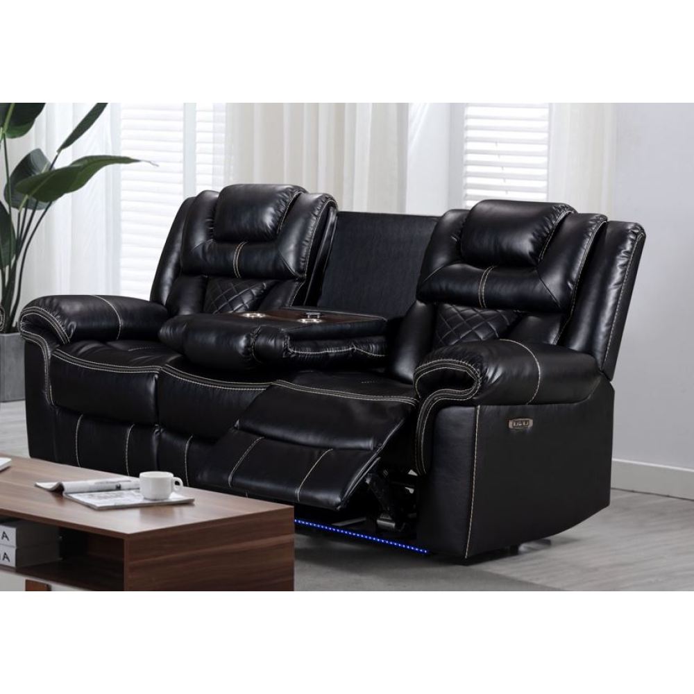 ENCORE 2pc BLACK POWER SOFA, LOVESEAT SET DUAL POWER WITH DROP DOWN TRAY& SPEAKERS, WIRELESS CHARGER, LIGHT TAPE LEATHER GEL USB ON SWITCH