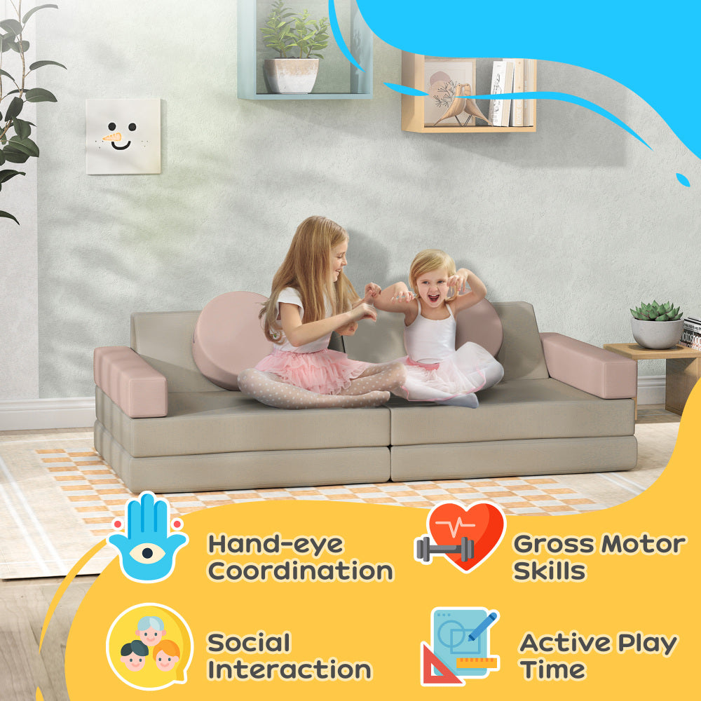 Qaba Modular Kids Play Couch, 12 Pieces Kids Couch for Playroom Bedroom, Convertible Foam Floor Cushions for Boys and Girls, Pink