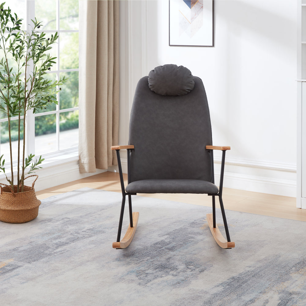 Adjustable Headrest Pillow Rocking Chair, Technical Leather Upholstered Glider Rocker with High Backrest, Modern Rocking Accent Chairs Comfy Side Chair for Nursery, Bedroom, Living Room (Dark Grey)