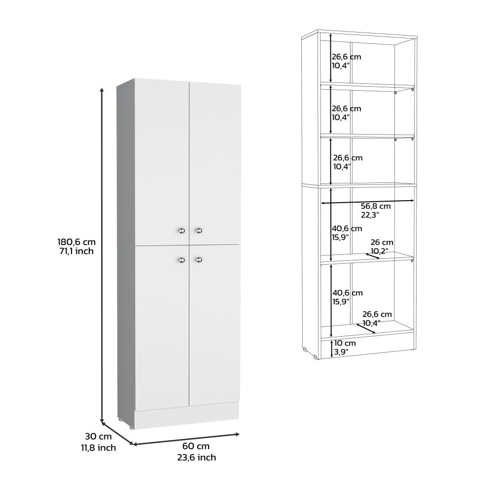 Kitchen Pantry 71" H, 4 Doors, 5 Adjustable Shelves, Laundry, White