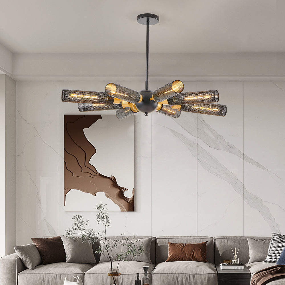 25" Modern Black and Gold 3-Light Pendant Chandelier, Adjustable Hanging Lights with Cylindrical Mesh Shades, E26 Base, Ideal for Dining Room, Kitchen Island, or Living Room Lighting (No Bulbs)