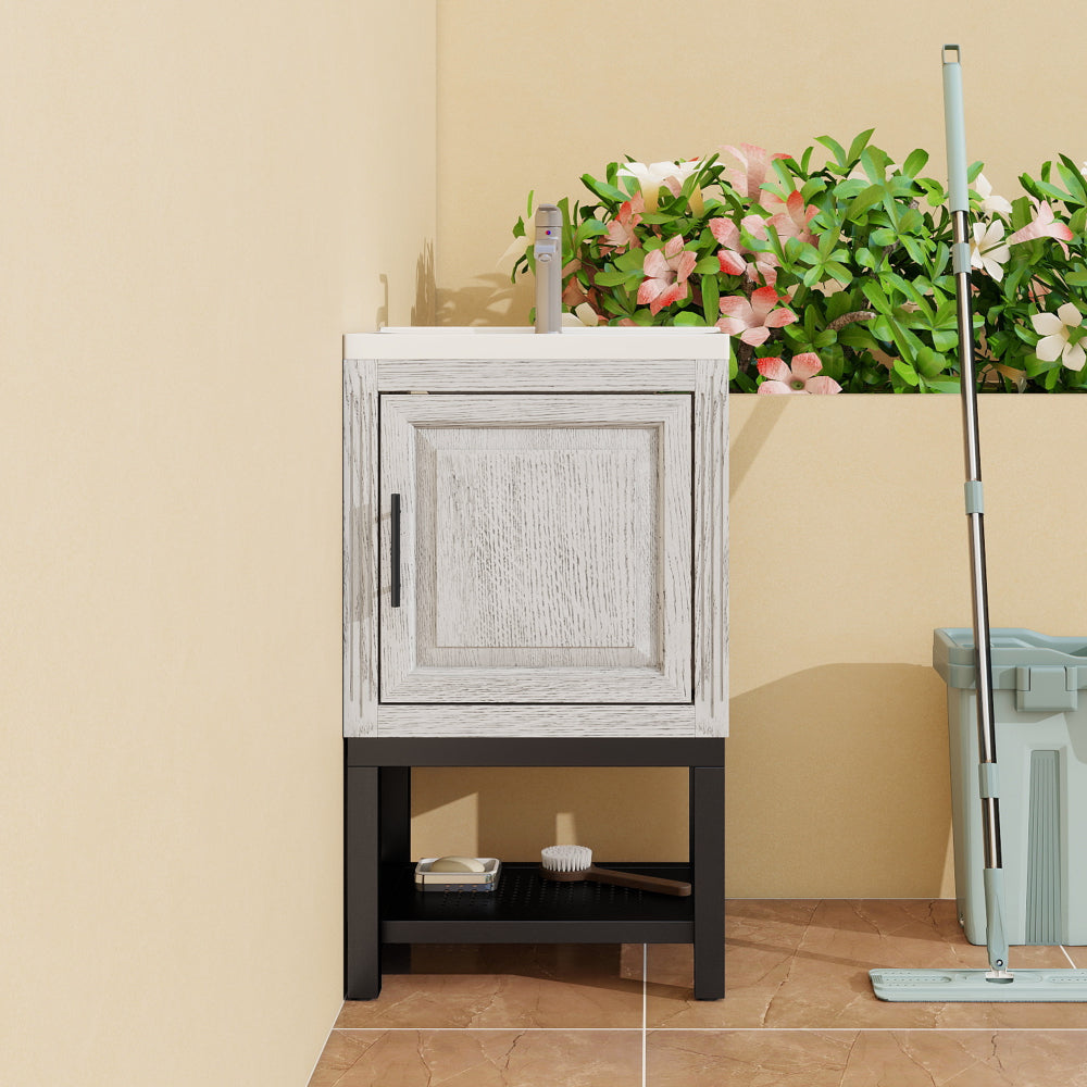 24" Bathroom Vanity with White Ceramic Sink & Hot and Cold Faucet , Freestanding Bathroom Cabinet with 2 Storage Doors and Open iron Shelf for Bathroom