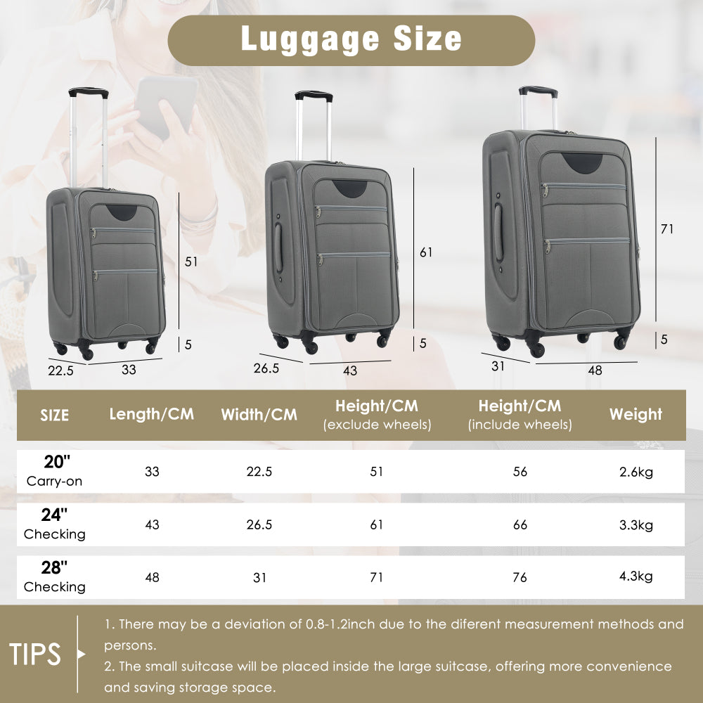 Softside Luggage Expandable 3 Piece Set Suitcase with Duffel Bag Upright Spinner Softshell Lightweight Luggage Travel Set
