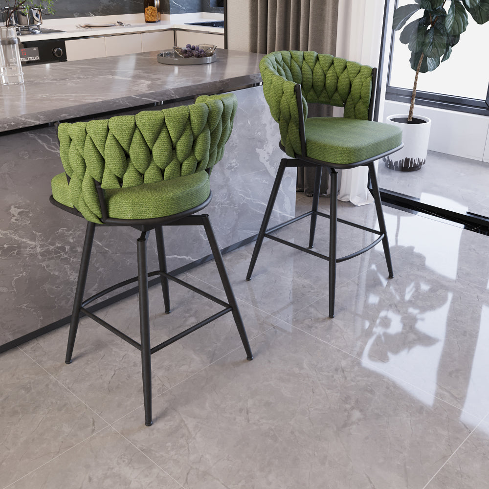 26" Bar Chair Linen Woven Bar Stool Set of 2,Black legs Barstools No Adjustable Kitchen Island Chairs,360 Swivel Bar Stools Upholstered Bar Chair Counter Stool Arm Chairs with Back Footrest (Green)