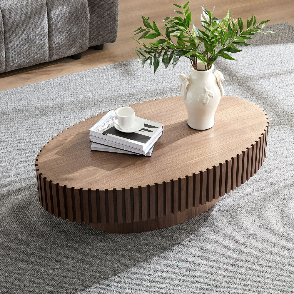 Modern Handcraft Drum Coffee Table Length 43.7 inch Ellipse Coffee Table for Living Room,Oval Small Coffee Table with Sturdy Pedestal,Walnut MDF
