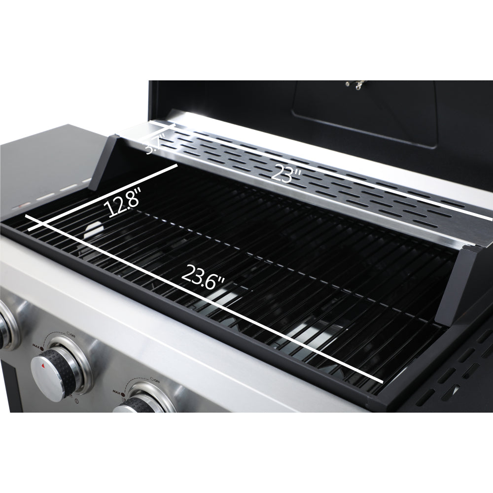 4-Burner Propane Gas BBQ Grill, 34200BTU Output With Wire Enamel Cooking Grids For Outdoor Barbecue, Foldable Side Table, Hanging Basket, Stainless Steel