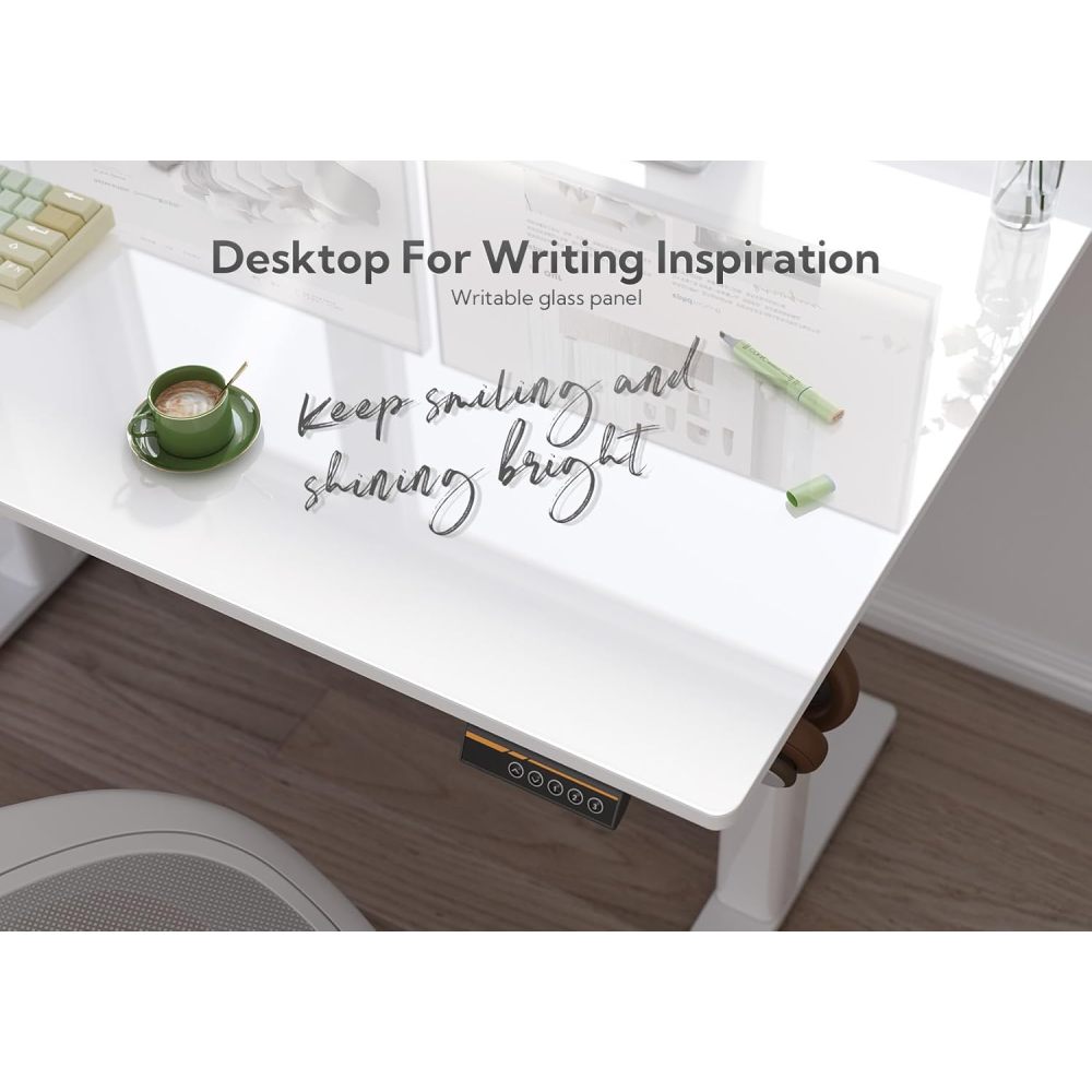 48 Inch Electric White Glass Standing Desk, Adjustable Height ,Quick Install Home Office Computer Desk, Stand Up Desk