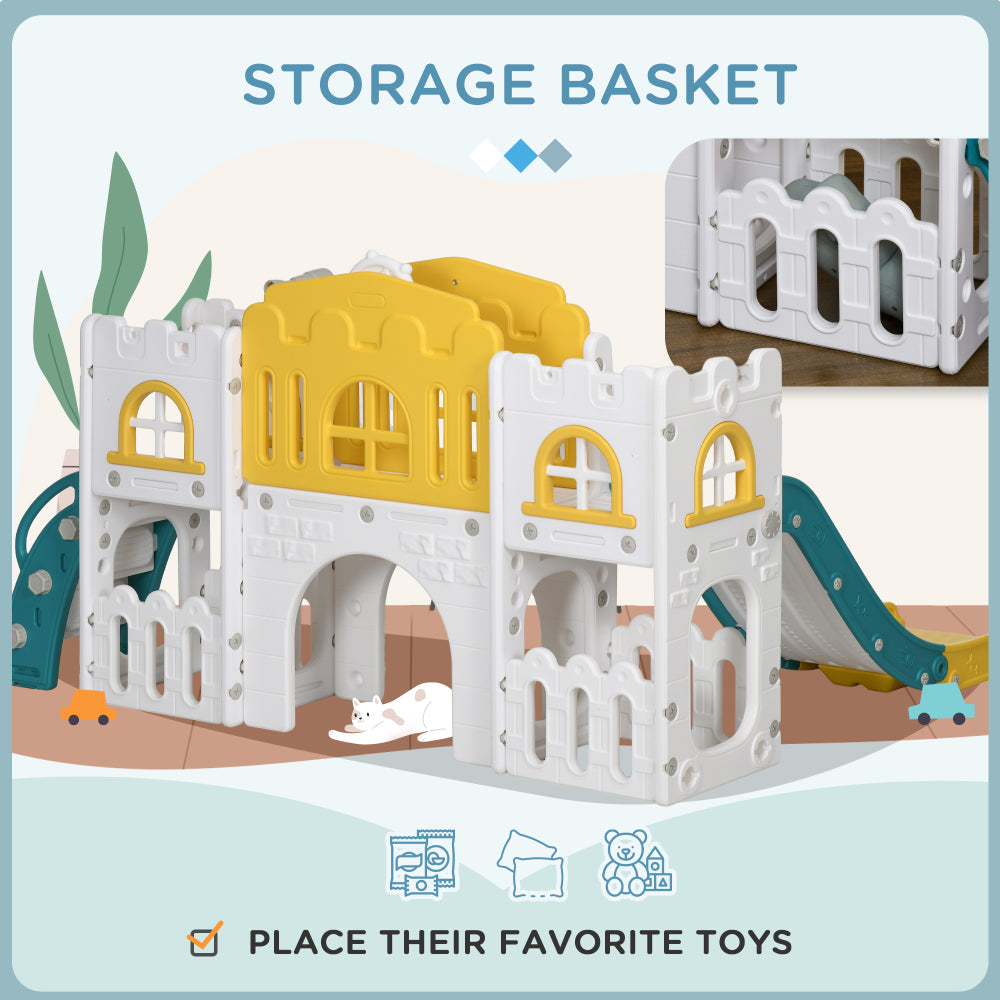 Qaba 8 in 1 Toddler Slide for Kids Age 1-3 Years, Indoor Kids Slide Playset with Basketball Hoop, Climber, Telescope, Tunnel, Steering Wheel, Aisle, Storage Baskets, Yellow