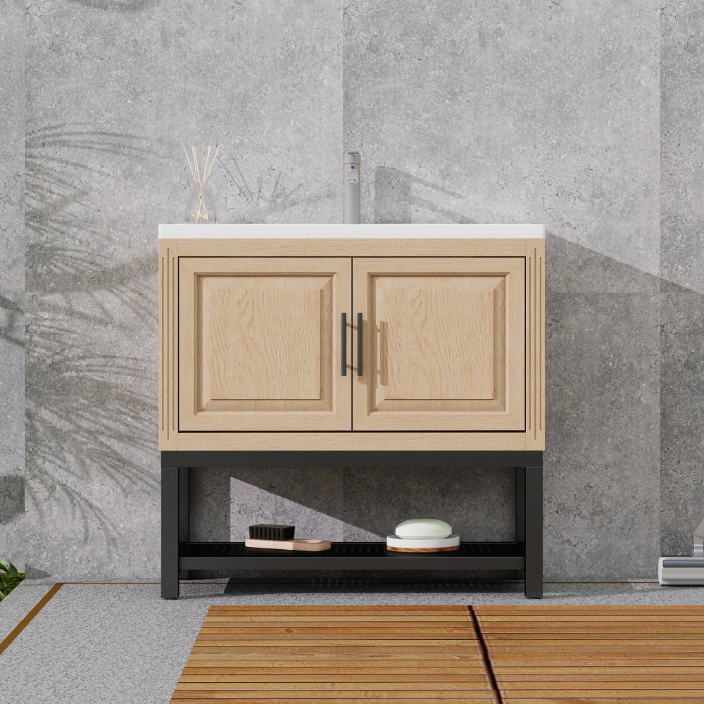 24" Bathroom Vanity with White Ceramic Sink & Hot and Cold Faucet , Freestanding Bathroom Cabinet with 2 Storage Doors and Open iron Shelf for Bathroom