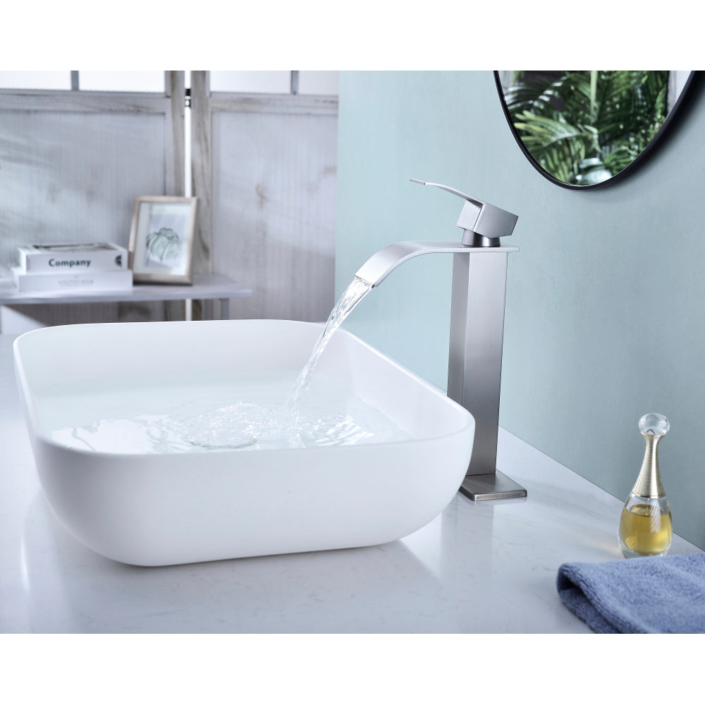Waterfall Spout Bathroom Sink Single Handle Faucet with Pop-Up Drain (No Overflow)