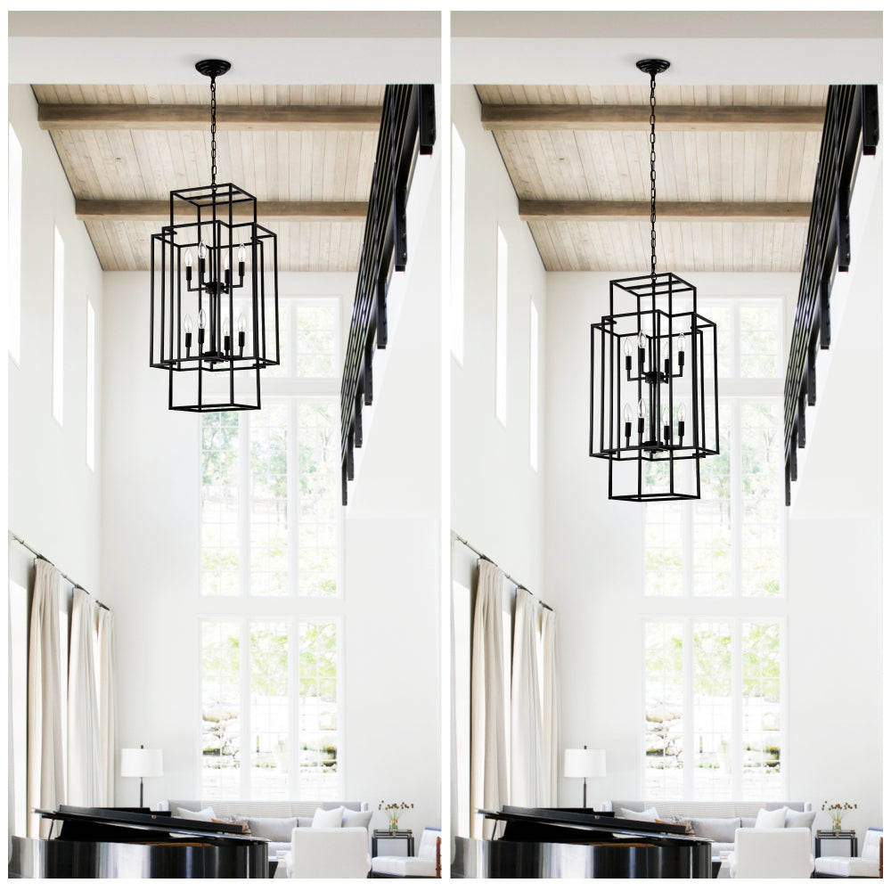 8-Light Metal Lantern Tiered Pendant Hanging Light Fixtures, Industrial Farmhouse Adjustable Height Chandeliers for Dining Room Hallway Foyer Entryway--Matte Black (E12 Bulbs Not Included)