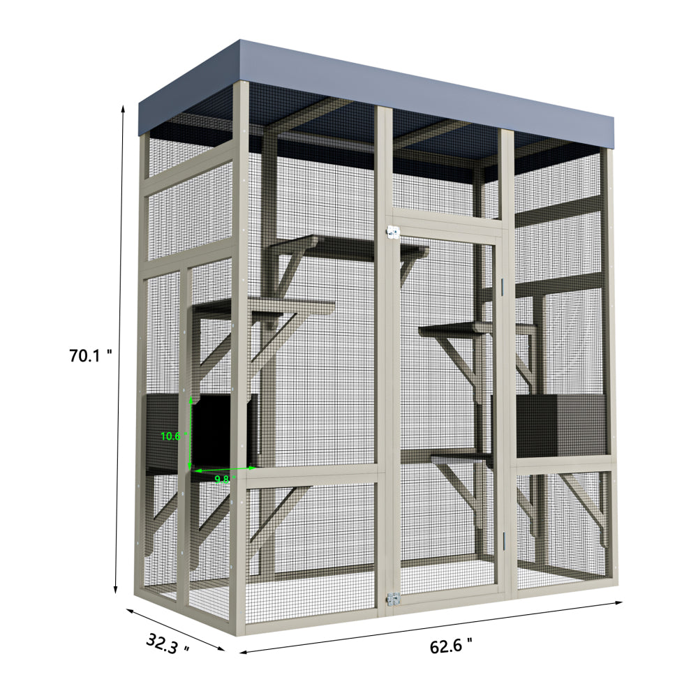 62.6" Outdoor Wooden Catio for Cats, Large Cat Enclosure with Waterproof Roof, 2 Cat Houses & Platforms, Secure Rust-Proof Wire Pet Cage for Patio or Backyard