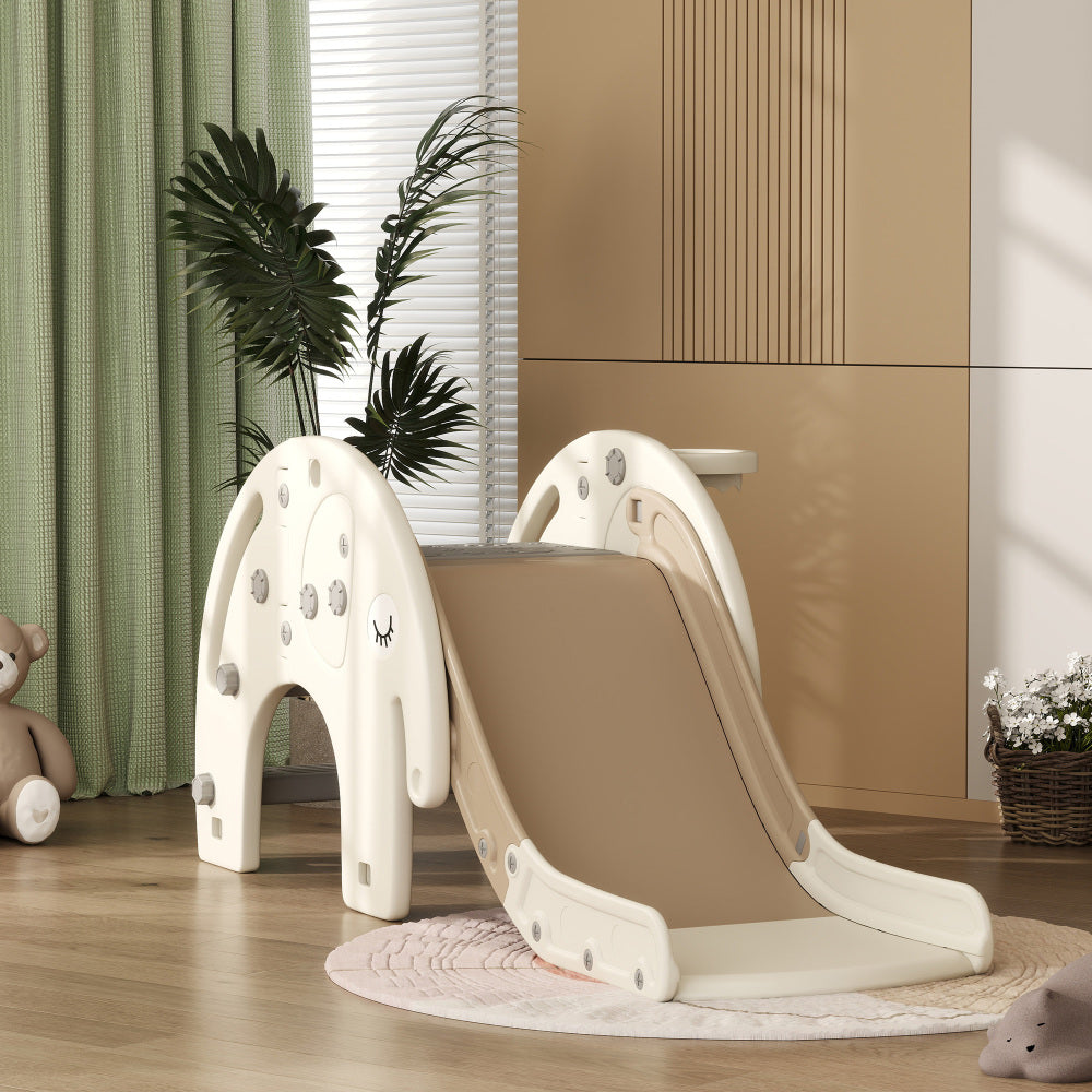 Qaba 3 in 1 Toddler Slide for Years 1-3, Kids Slide with Climber, Basketball Hoop, Elephant-Shaped Indoor Slide, Cream White
