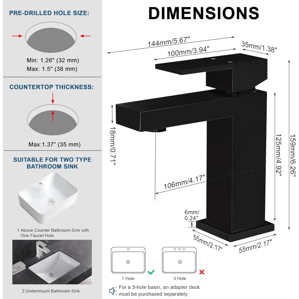 Single Handle Bathroom Faucet, Matte Black Single Hole Bathroom Faucet, Solid Brass Modern Bathroom Sink Faucet Basin Vanity Square Bathroom Faucet with Pop-up Drain & Water Supply Hoses