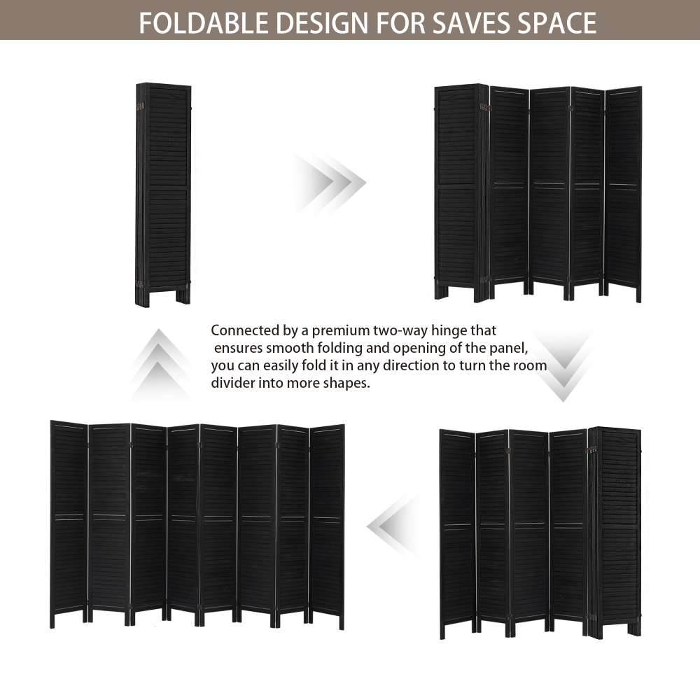 8 Panel Room Divider, Folding Room Divider Privacy Screen 5.6Ft Tall, Wood Freestanding Louvered Divider Screen for Home Office Restaurant Bedroom(Black)