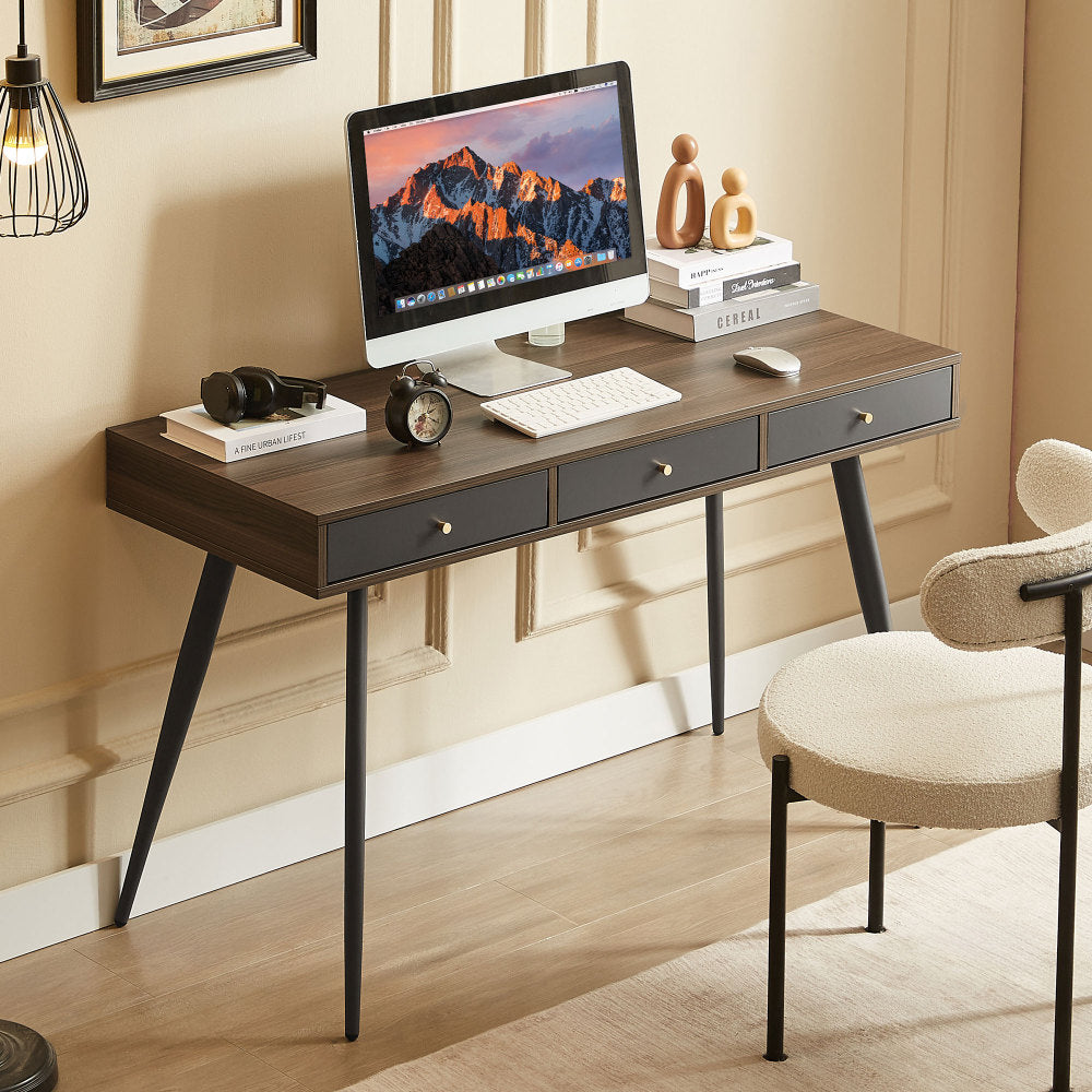 Mid Century Desk , Modern Writing Study Desk with Drawers, Multifunctional Home Office Computer Desk Walnut+Dark Grey