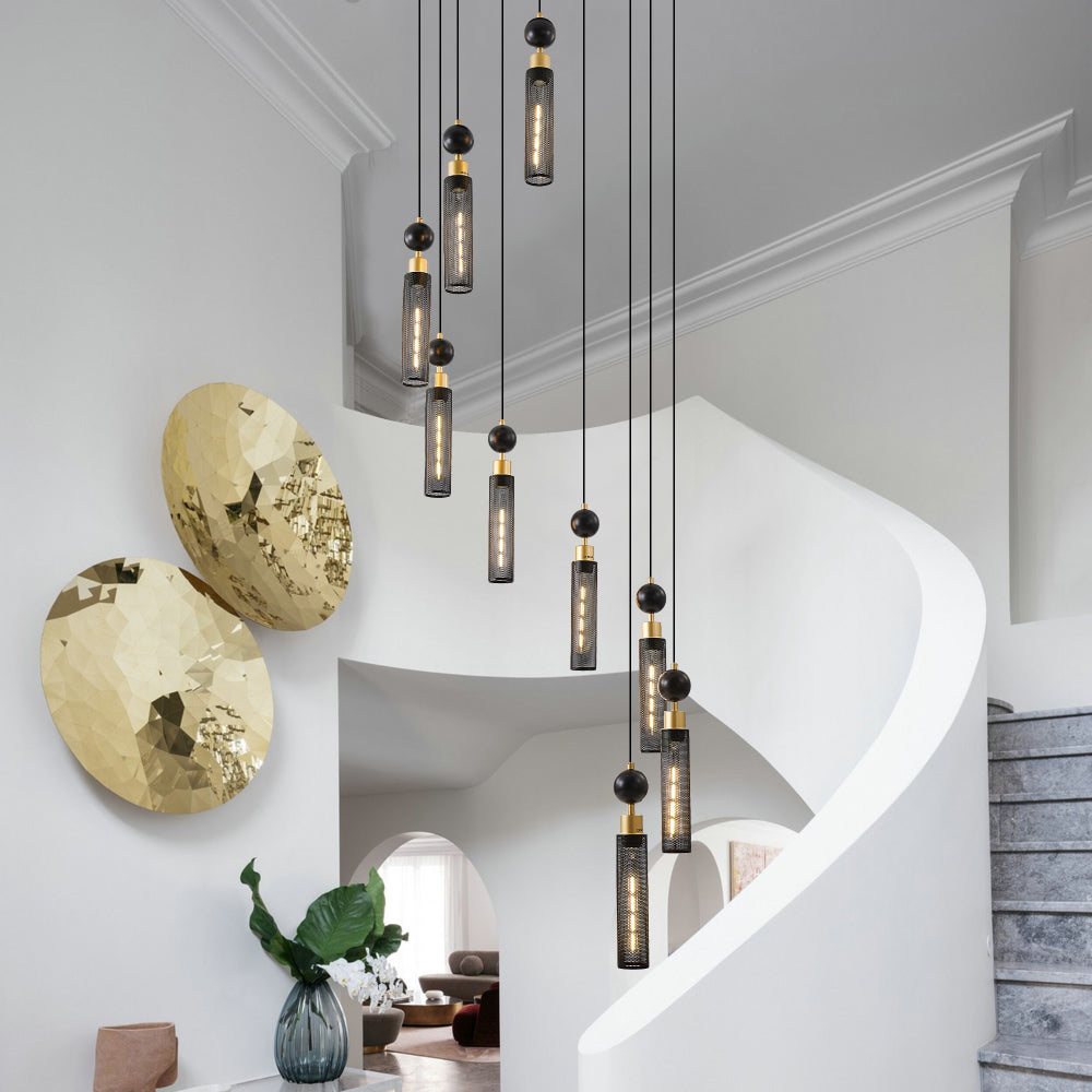 25" Modern Black and Gold 3-Light Pendant Chandelier, Adjustable Hanging Lights with Cylindrical Mesh Shades, E26 Base, Ideal for Dining Room, Kitchen Island, or Living Room Lighting (No Bulbs)