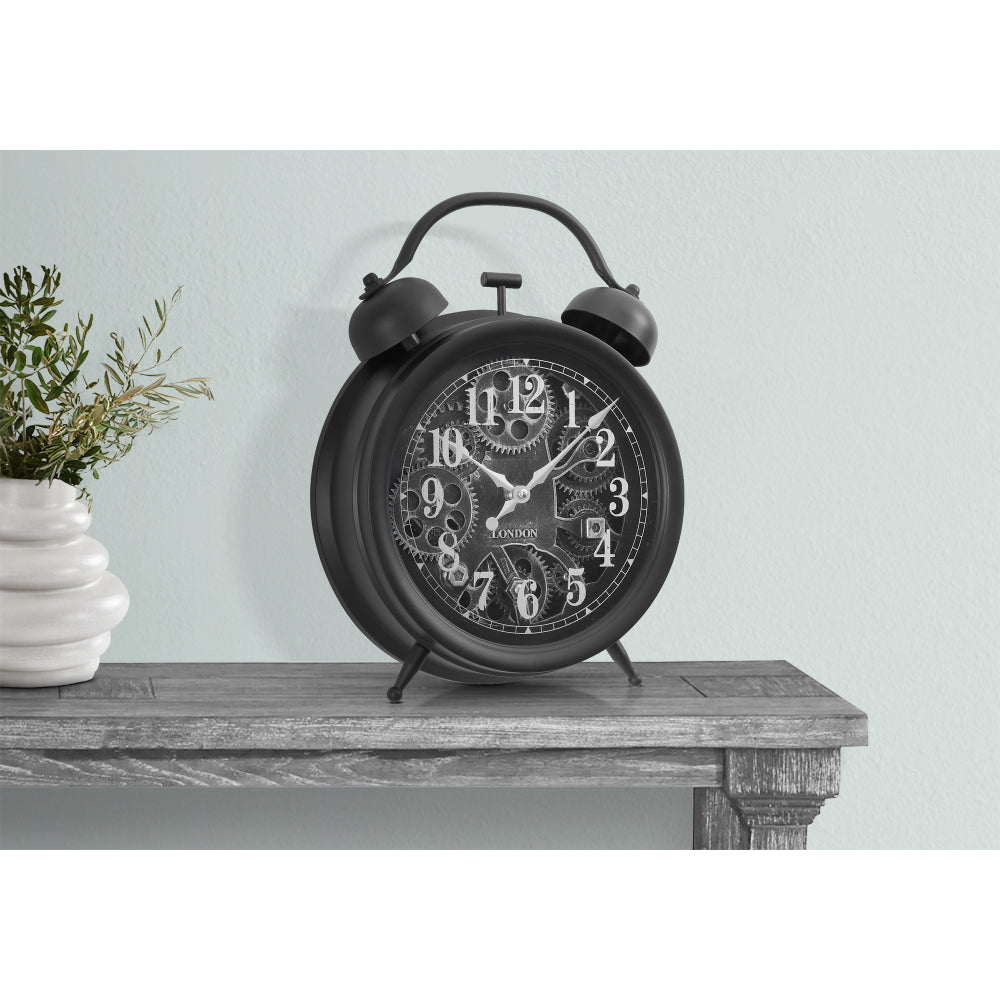 Clocks, 12" Round, Gear Mechanism, Table Clock, Black, Transitional