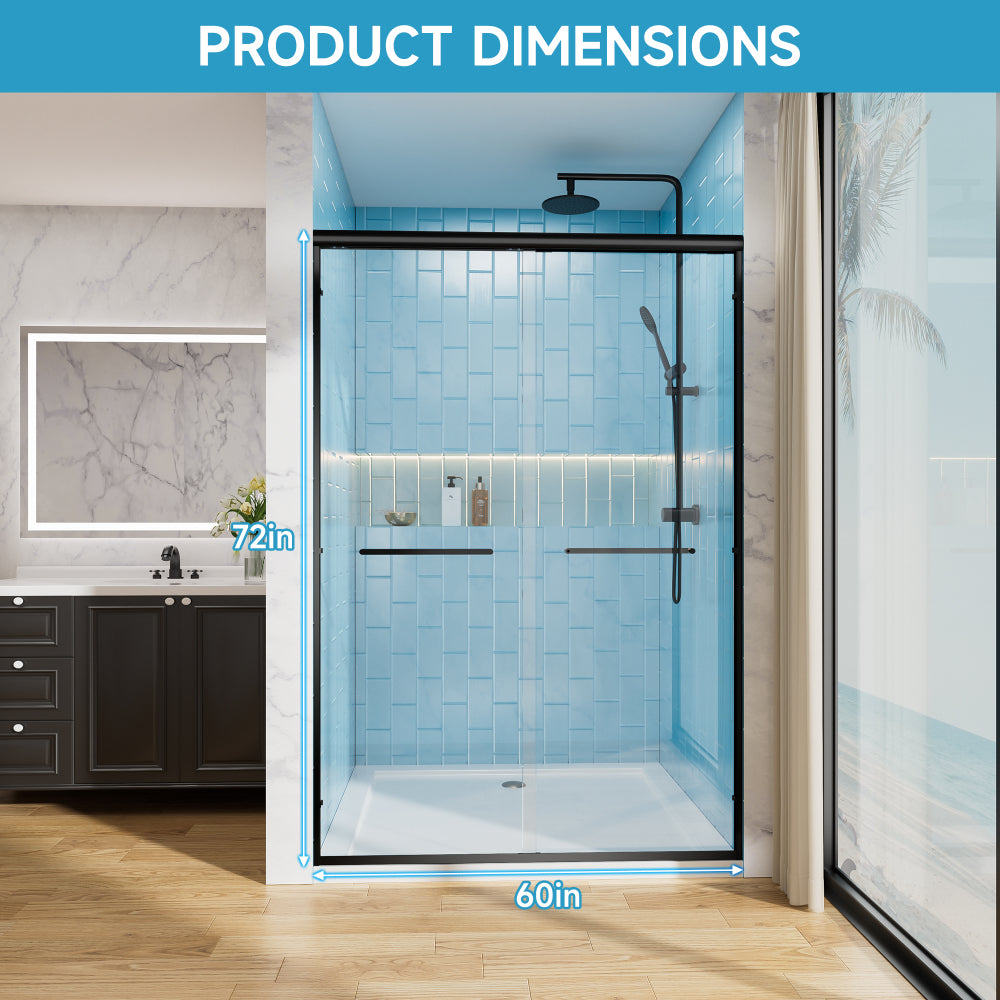 60" W x 72" H Matte Black Aluminum Frame Double Sliding Shower Door with 1/4" (6mm) Nano-Coated Clear Tempered Glass and Dual Stainless Steel Handles