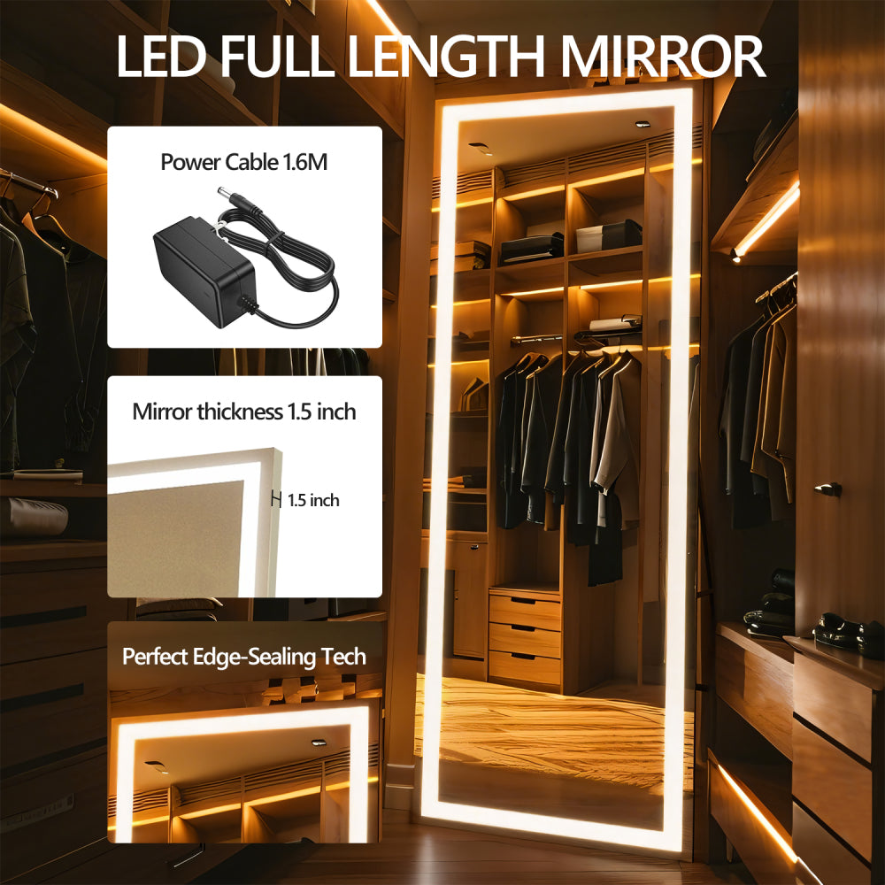 60x16 Inch Full Length Mirror with Lights, Full Body Dressing Standing, Hanging Mounted Mirror for Living Room Bedroom Cloakroom, Square Black