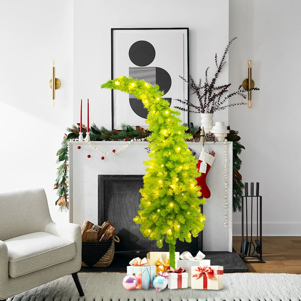 5FT Hinged Fir Artificial Fir Bent Top Christmas Tree, Xmas Tree Bendable Santa Hat Style Christmas Tree Holiday Decoration,400 Lush Branch Tips, 100 LED Lights X-mas