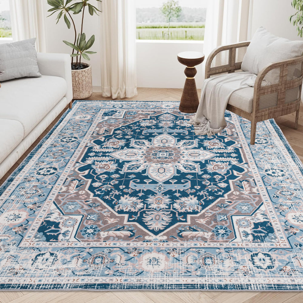 Area Rug 8x10 Vintage Bohemia Large Persian Non-slip Washable Rug For Living Room Kitchen Bedroom Living Room Flower Design Blue