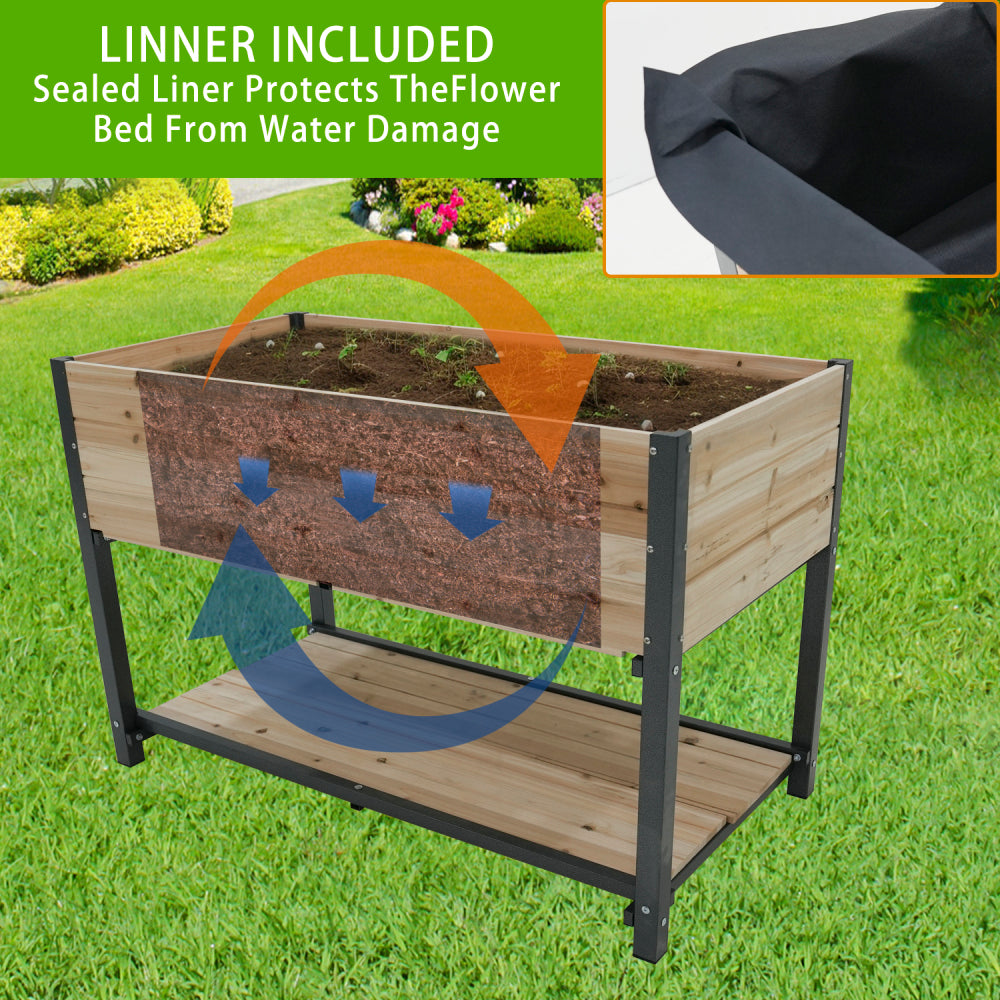 New style: 45" Iron-wood combined growing beds with feet and storage racks. Suitable for various places such as gardens, backyards, terraces, balconies, etc.