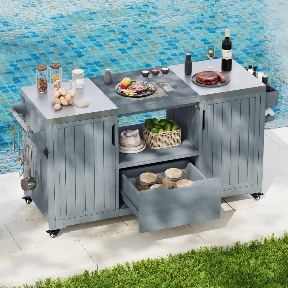 K&K 66.5" Outdoor Kitchen Island for Big Green Egg Grills, Solid Wood Outdoor Grill Cart for Tabletop Grill with Stainless Steel Top, Drawer, Compatible with Large Big Green Egg, Kamado Joe- Grey Blue