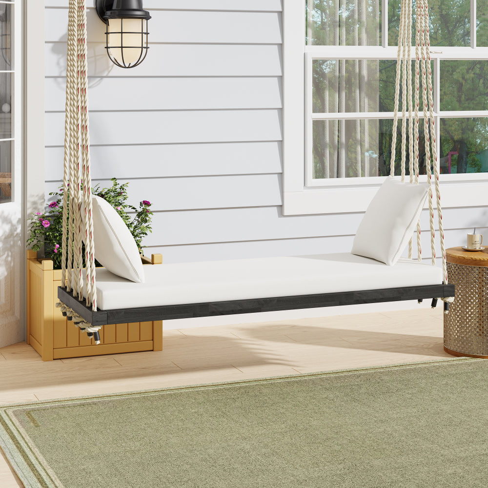 TOPMAX Patio Wooden Swing Chair, Hanging Porch Swing Bench with Cushion&Pillows, 10.8Ft Hemp Ropes for Garden,Backyard, Lawn,Natural