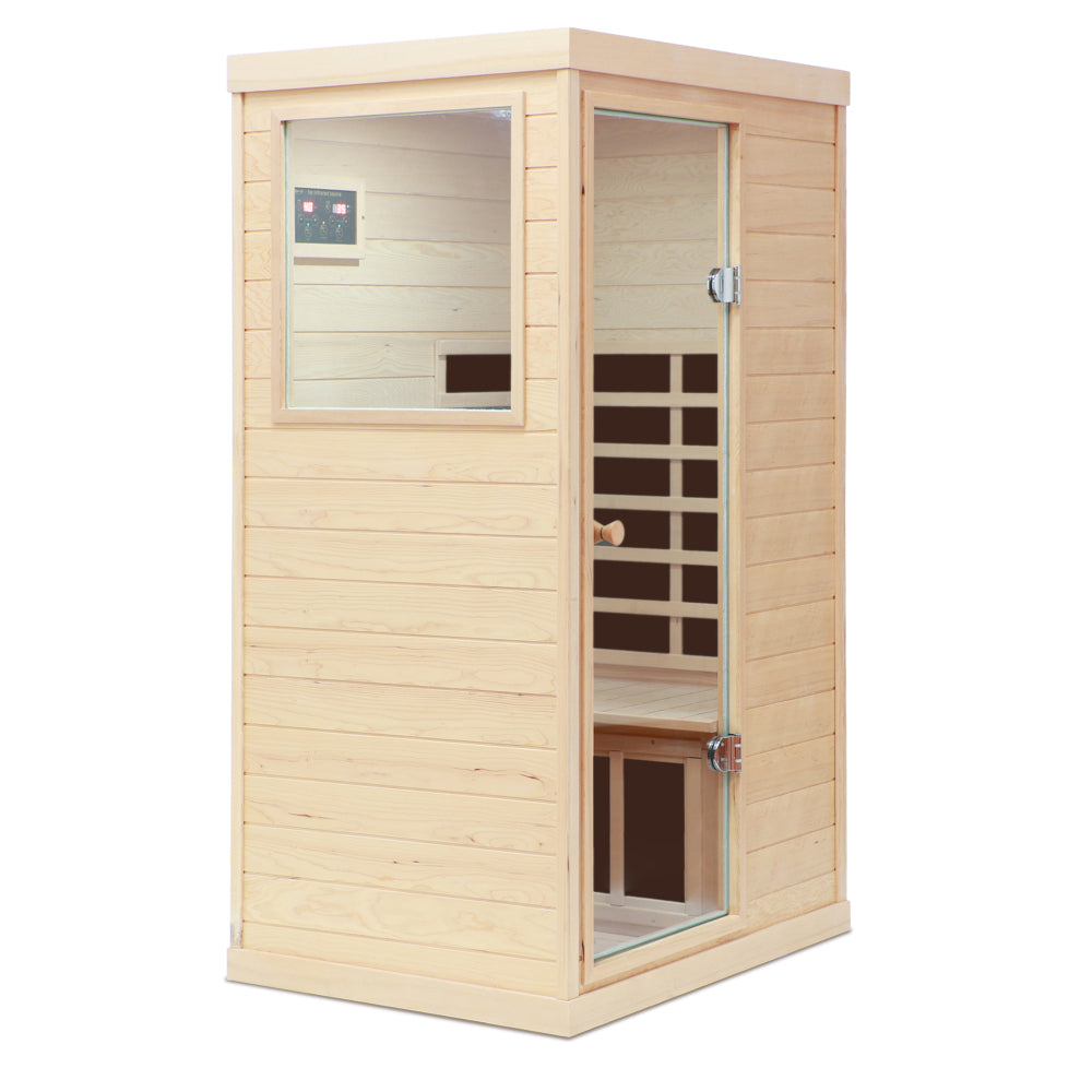 Hemlock Mini one person far infrared door on the left of the indoor sauna room