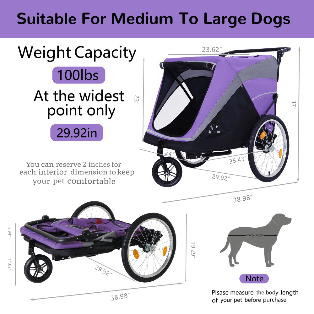 2-in-1 Bike Trailer & Push Cart for Pets - Detachable Bike Hitch & Push Handle Included - Quick Release Wheel, Internal Leash, Dual Cup Pockets and Underneath Storage Bag, Holds Pets Up to 88 lbs