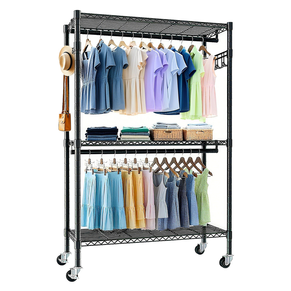 Heavy Duty Garment Rack, Freestanding Closet Organizer, Portable Wardrobe Clothes Rack, Adjustable Wire Shelving Clothes Rack with 8 Adjustable Wire Shelves and 5 Clothes Rails, Black