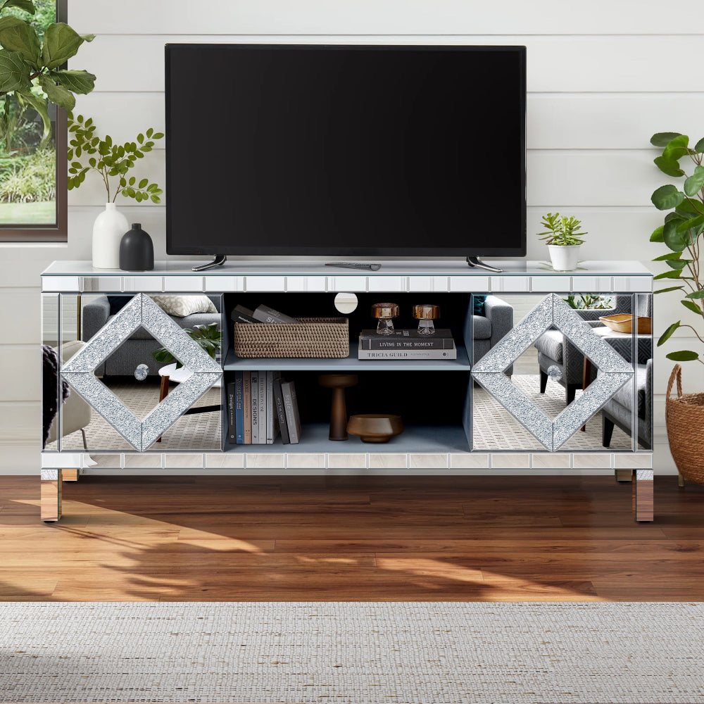 Mirrored TV Stand for 65+ inch TV,Sliver TV Console Table with Open Storage & 2 Storage Cabinets ,M Shape Sparkling Mirror Doors for Living Room(59''W x 25.2''H x 15.7D)