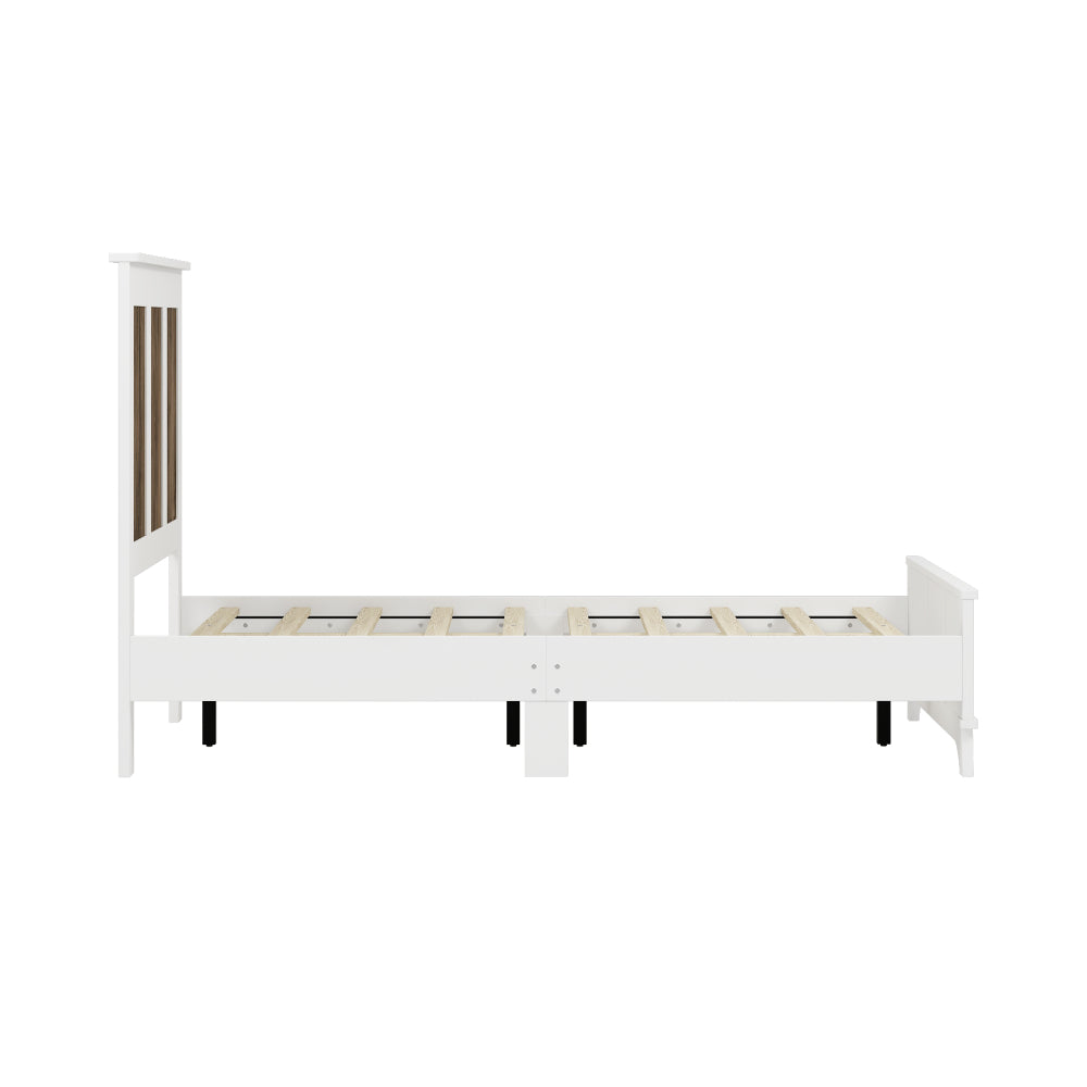 4-Pieces Bedroom Sets, Full Size Farmhouse Platform Bed with Wooden Strip Stickers Decoration, Storage Nightstand and Dresser with Metal Handle, White