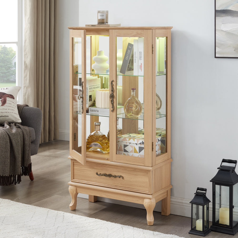Lighted Curio Cabinet - Elegant Glass Display Cabinet with Adjustable Shelves, 2 Doors, and 1 Drawer - Wine Storage Sideboard with Included Bulb - Light Oak Finish