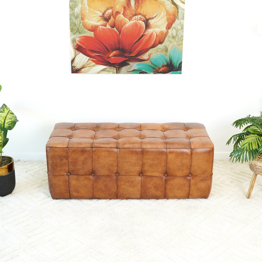 Benjiro Tan Leather Bench Ottoman Stool Leather Footstool Bench 17.7"H x 47.2"W x 19.7"D
