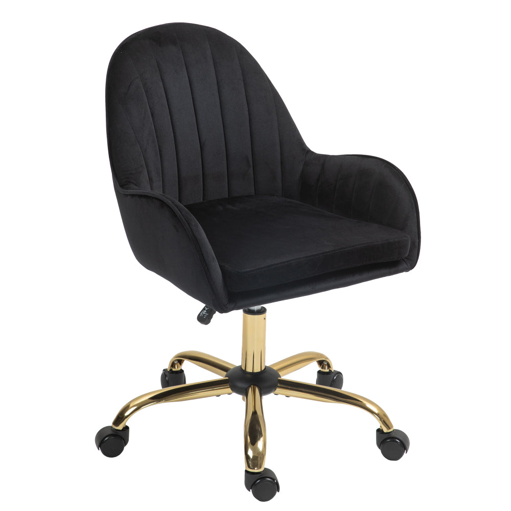 Velvet Home Office Chair with Wheels, Cute Chair with Side Arms and Gold Metal Base for Living Room, Bedroom,and Vanity Room,Bling Desk Nail Desk for Women,Adjustable Height,Pink