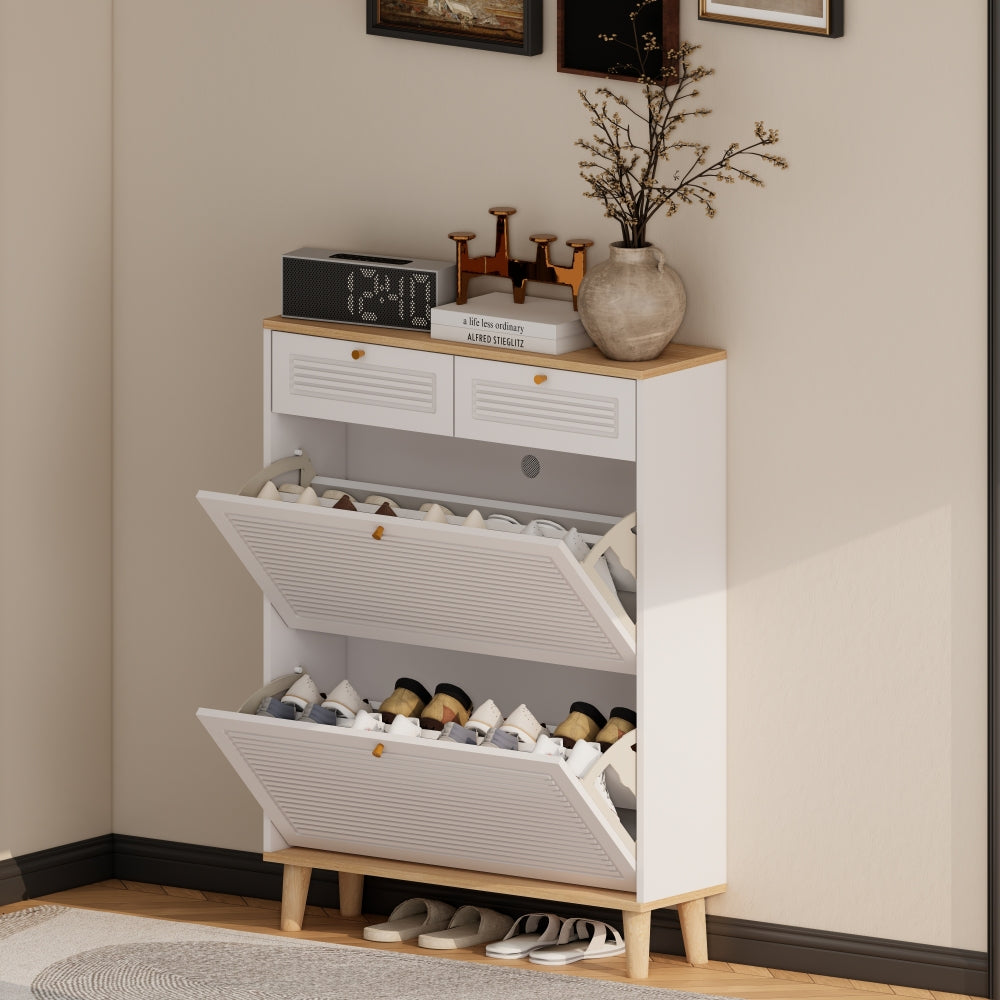 Shoe cabinet with 2 flip-up doors and 2 drawers,narrow shoe rack cabinet,freestanding shoe organizer,shoe organizer for entryway,with natural wood legs(white natural)