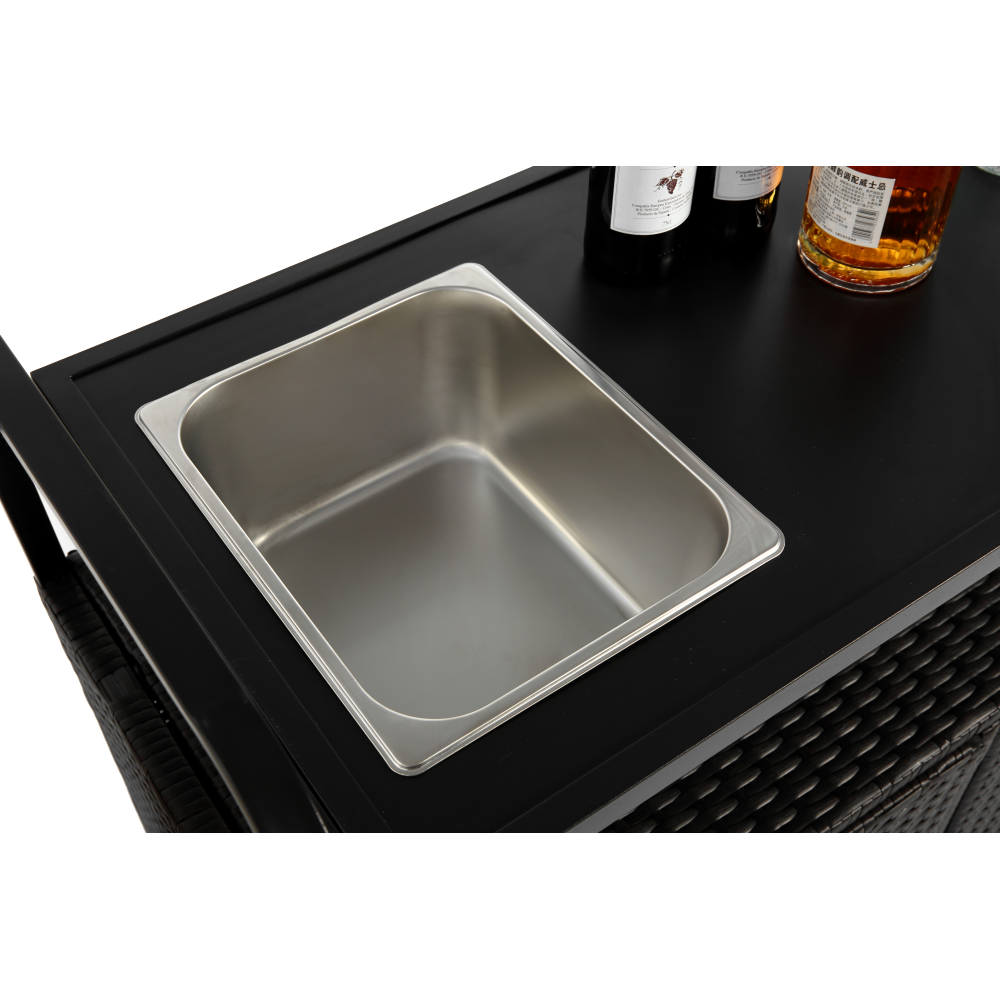 Outdoor Bar Table, Wicker Bar Cart with Cabinet, Patio Serving Cart with steel Top, with one ice bucket,Lockable Wheels, Side Basket for Garden, Poolside & Backyard, Black