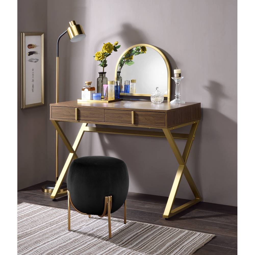 Coleen White & Gold Finish Vanity Desk W/Mirror & Jewelry Tray