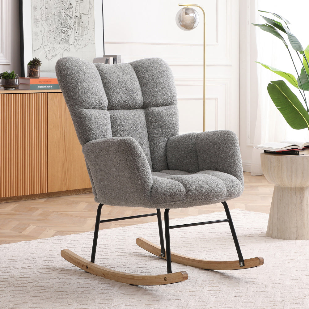 Rocking Chair Teddy Upholstered Glider Rocker Rocking Accent Chair Padded Seat with High Backrest Armchair Comfy Side Chair for Living Room Bedroom Offices BEIGE