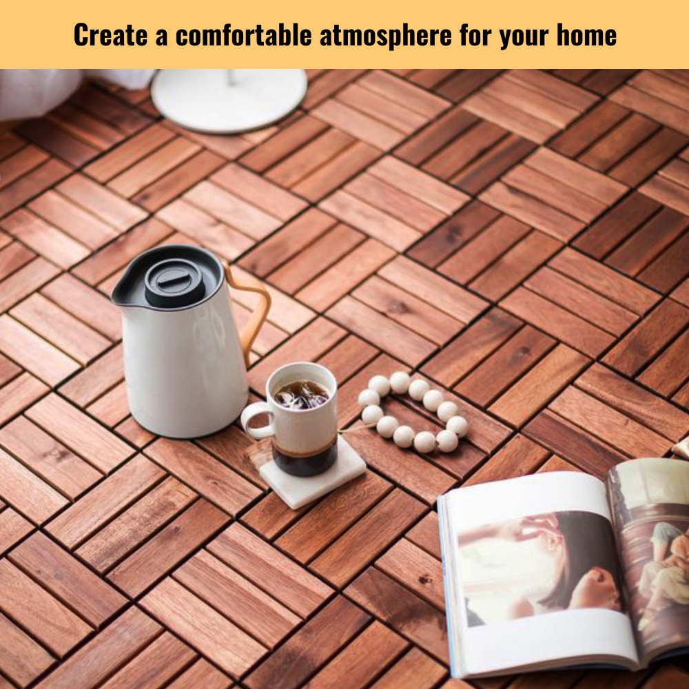 Acacia Wood Interlocking Deck Tiles Checker Pattern, 10PCS 12" x 12" Square Brown Acacia Hardwood Outdoor Flooring for Patio, Bancony, Pool Side,...